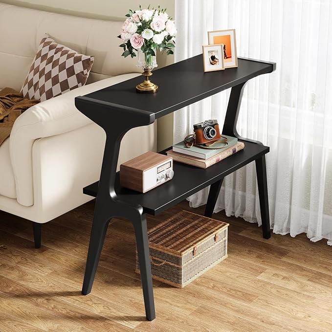 Tribesigns Solid Wood End Table, 2-Tier Modern Slim Couch Side Table with Storage Shelves, Tall Sofa Side Table with Cute Deer-Shaped Legs for Living Room, Skinny Bedside Nightstand for Bedroom, Black