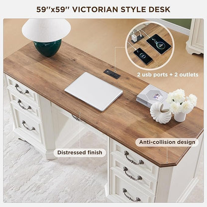 T4TREAM 59" Farmhouse Executive Desk with Drawers,Wood Home Office Computer Desk, Featuring Keyboard Tray,Charging Station,File Drawer, Storage Cabinet,for Work and Study (Antique White)