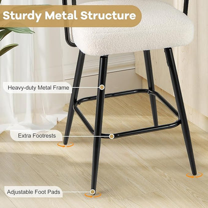 COSTWAY Counter Height Bar Stools Set of 2, 27" Swivel Modern Upholstered Counter Chairs with Boucle Fabric, Curved Backrests & Metal Legs, for Kitchen Island, Home, Pub (2, White + Black)