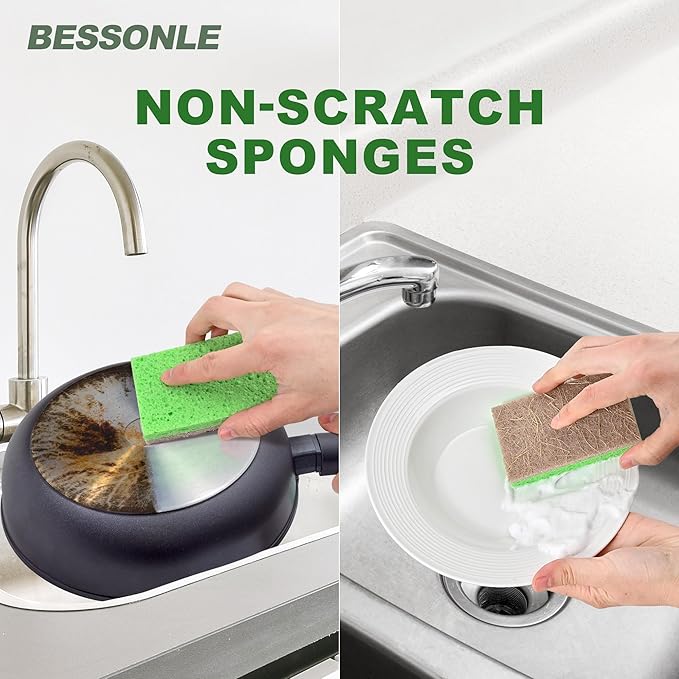 10 Pack Biodegradable Natural Sponges Kitchen - Compostable Cellulose and Coconut Walnut Scrubber Sponge - Eco Friendly Sponges for Dishes