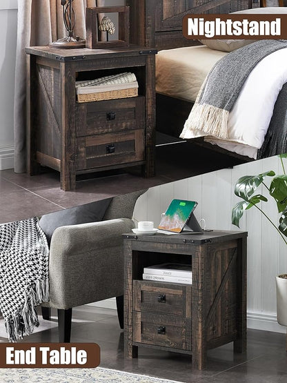 T4TREAM Nightstand with Charging Station, End Table, Side Table with 2 Drawers Storage Cabinet for Bedroom, Living Room, Farmhouse Design, Wood Rustic, Dark Rustic Oak