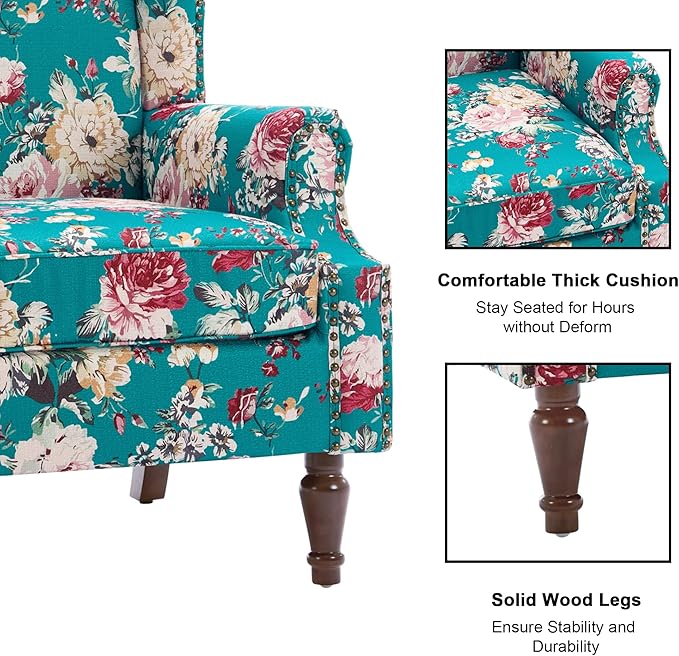 Accent Chair, Upholstered High Back Floral Armchair with Nailhead Trim & Wood Legs, Comfy Wingback Reading Single Sofa Chair for Small Spaces, Living Room, Bedroom ( Peacock Blue Floral, Set of 1)