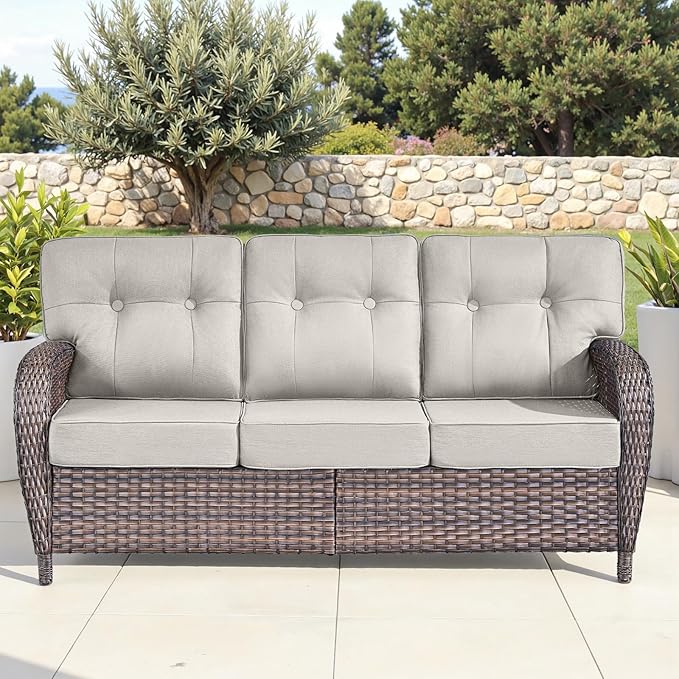 9-Piece Rotating Balcony Chair Set with 31-inch T-Shaped Wide backrest - Rattan Outdoor Rotating Balcony Chairs, Wide backrest Comfortable Outdoor Sliding Chair - Brown | Beige