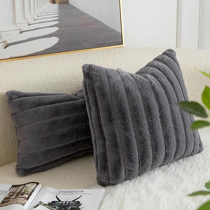Pack of 2 Faux Fur Throw Pillow Covers 18x18 Inch Striped Decorative Soft Plush Couch Pillow Case Home Decor for Bed, Sofa, Living Room Darkgrey
