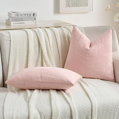 FUTEI Pink Chenille Decorative Throw Pillow Covers 12x20 Inch Set of 2,Soft Embossed Striped Textured Lumbar Pillow Cases,Modern Home Decor for Couch Bed Living Room