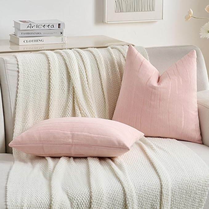 FUTEI Pink Chenille Decorative Throw Pillow Covers 16x16 Inch Set of 2,Soft Embossed Striped Textured Cushion Case,Modern Home Decor for Couch Bed Living Room