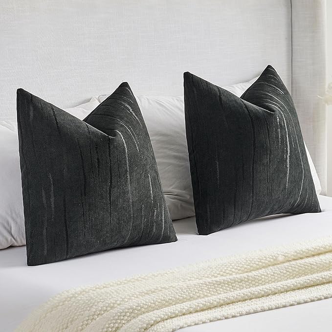 FUTEI Black Chenille Decorative Throw Pillow Covers 26x26 Inch Set of 2,Soft Embossed Striped Textured Euro Pillow Shams,Modern Home Decor for Couch Bed Living Room