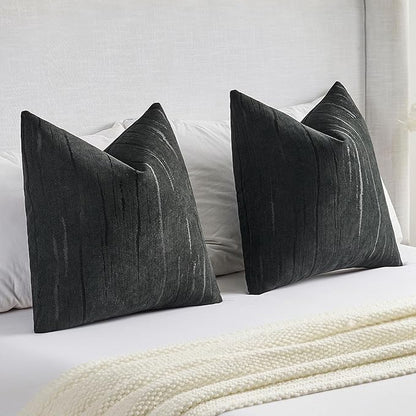 FUTEI Black Chenille Decorative Throw Pillow Covers 26x26 Inch Set of 2,Soft Embossed Striped Textured Euro Pillow Shams,Modern Home Decor for Couch Bed Living Room