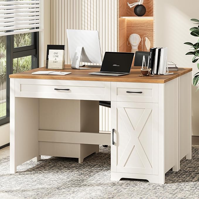 Vabches Farmhouse 51" Executive Desk,Computer Desk with Drawers and Storage Cabinet, Home Office Desk for Work and Study.