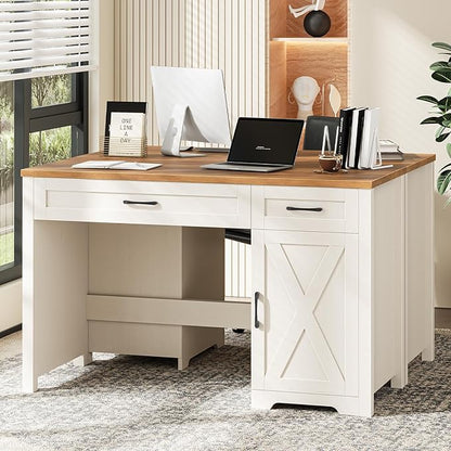Vabches Farmhouse 51" Executive Desk,Computer Desk with Drawers and Storage Cabinet, Home Office Desk for Work and Study.