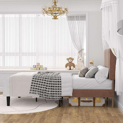 VECELO Twin Size Bed Frame with Upholstered Headboard, Velvet Platform Bedframe Mattress Foundation, Strong Wood Slat Support, No Box Spring Needed,Warm Brown