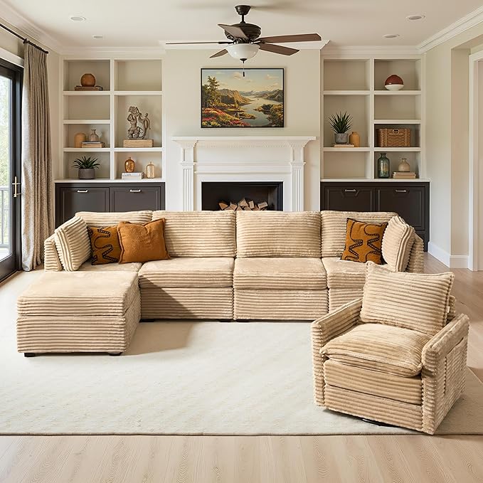 130" Modular Sofa with Swivel Chair & Ottoman, Modern Cloud Sectional Couch Plush Corduroy 5 Seater Deep Seat Sofas Set & Accent Armchair for Living Room, Beige