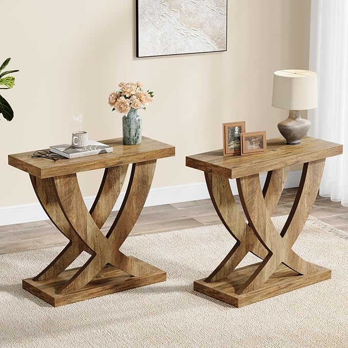 Tribesigns Wood End Side Table for Living Room Set of 2, Night Stand for Bedroom with Cross Fishtail Support, Farmhouse Nightstand for Small Spaces, Accent Furniture, Easy Assembly, Retro Wood Grain