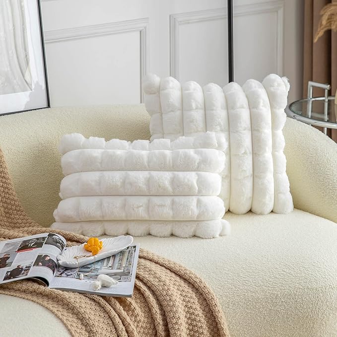 Neelvin Cream White Faux Fur Cozy Soft Plaid Decorative Throw Pillow Covers 20x20 inch Set of 2,Velvet Pillowcase Cushion Case for Sofa Couch