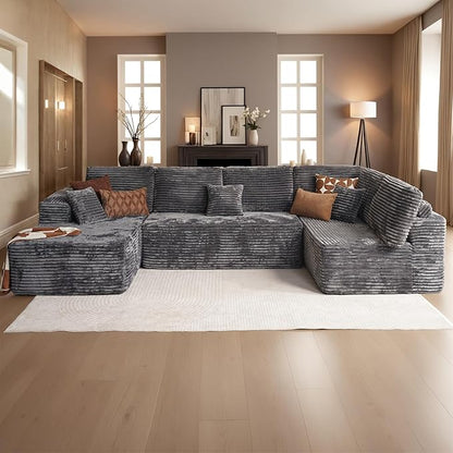 Oversized U Shaped Boneless Sectional Cloud Couch, 133.1'' Modular Sofa with Chaise, Deep Seat Plush Corduroy Couches for Living Room, No Assembly Required,Plush Corduroy,Gray