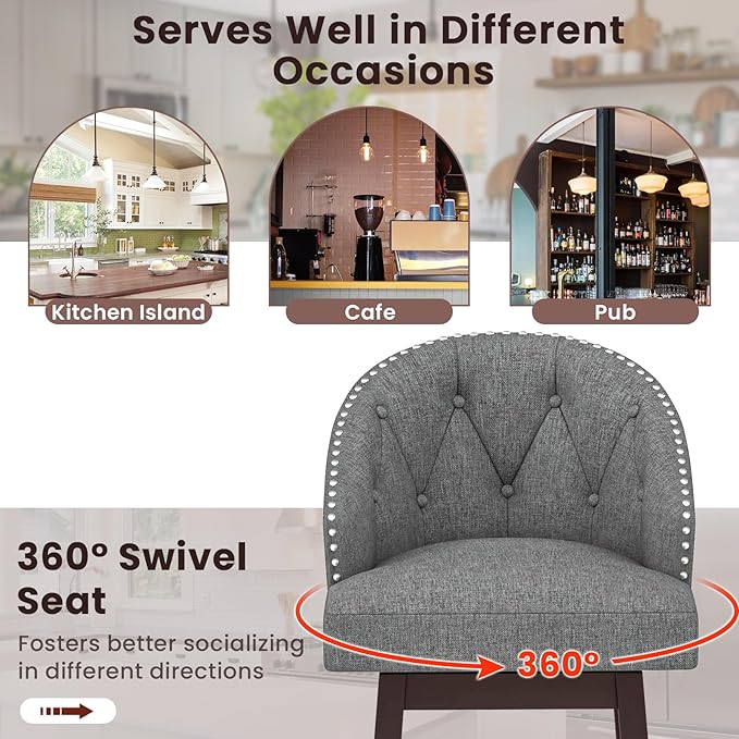 COSTWAY Bar Stools Set of 4, 31’’ Swivel Bar Stools with Rubber Wood Legs & Padded Back, Breathable Linen Fabric, Stylish Tufted Design & Rivet Decoration, Adjustable Foot Pads (4, Grey + Brown)