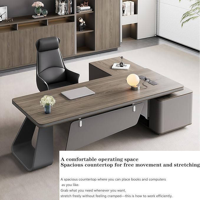 L Shaped Executive Desk, 118.1 inch Large Executive Computer Desk Set Drawers and Lockable, Power Socket and USB Port Storage, Without Display Racks and Bookshelves