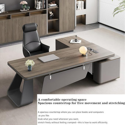 L Shaped Executive Desk, 141.7 inch Large Executive Computer Desk Set Drawers and Lockable, Power Socket and USB Port Storage, Without Display Racks and Bookshelves