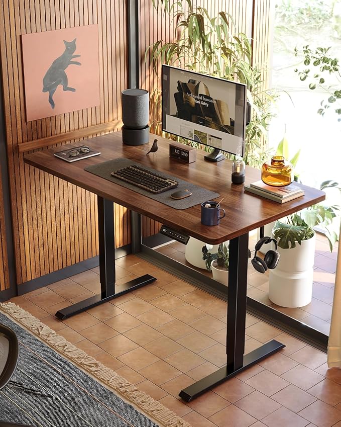 FEZIBO One-Piece Standing Desk Adjustable Height Stand up Home Office Desk, 60x24 Inch Electric Standing Computer Desk, with 4 Memory Presets, Headphone Hook, Fixable casters, Black Walnut