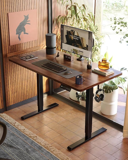 FEZIBO One-Piece Standing Desk Adjustable Height Stand up Home Office Desk, 55x24 Inch Electric Standing Computer Desk, with 4 Memory Presets, Headphone Hook, Black Walnut