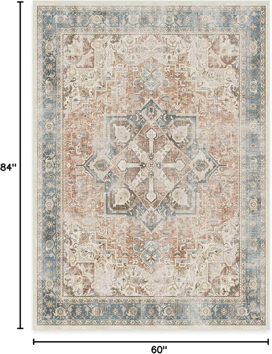 RUGGABLE Washable Vintage Area Rug – Kamran Coral 5x7, Stain-Resistant, Non-Slip – Medium Machine Washable Rugs for Living Room, Bedroom, Hallway, Entryway & Office–with Cushioned Pad