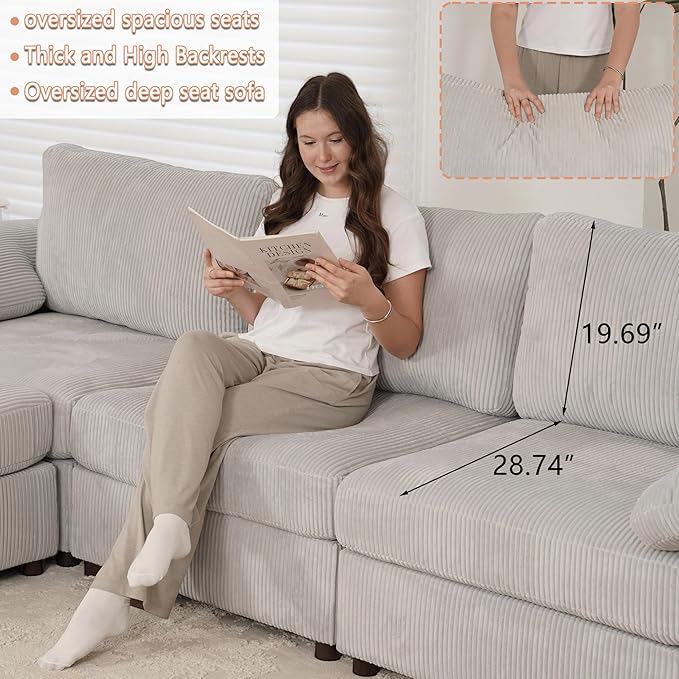 EASE MOOSE Oversized Sectional Modular Sofa,Large U Shape Sectional Couch Wide Deep Seat Modular Cloud Couch,Removable Cover,Light Gray
