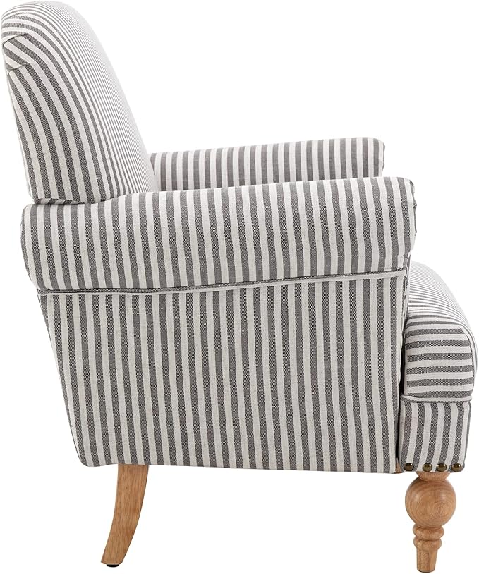 Linen Accent Chair Mid-Century Modern Living Room Armchair with Nailhead Trim & Wood Legs Comfy Upholstered Single Sofa Chair for Lounge/Bedroom/Reception, Black Stripe