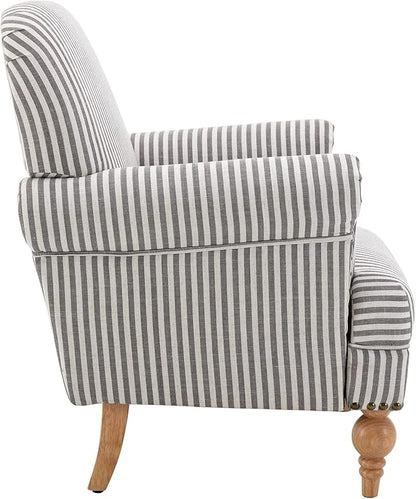 Linen Accent Chair Mid-Century Modern Living Room Armchair with Nailhead Trim & Wood Legs Comfy Upholstered Single Sofa Chair for Lounge/Bedroom/Reception, Black Stripe