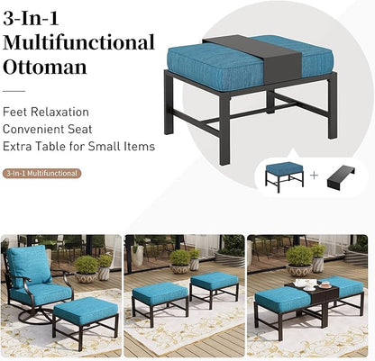 7 Piece Metal Outdoor Patio Furniture Sets, Patio Conversation Sets 3-Seater Sofa, 2 Rocking Chair, 2 Ottomans with 5.75" Thick Cushion, All-Weather Frame Backyard Furniture, Blue-2