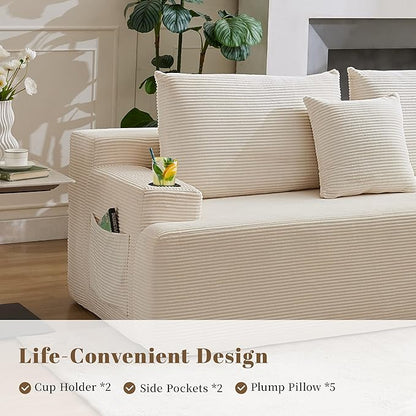 106" Cloud Sectional Couch, Modular Sectional Sofa with L-Shape Chaise, Corduroy Boneless Couch with Deep Seat, Upholstered Sofa for Living Room, No Assembly Required(Right-Facing Chaise, White)
