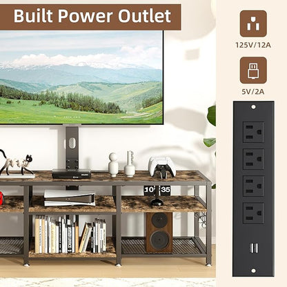 VECELO 71" TV Stand with Mount and Power Outlets, Entertainment Center with Open Storage Shelves, Height Adjustable Mount up to 80”, Wooden Table and Metal Frame for Living Room, Rustic Brown