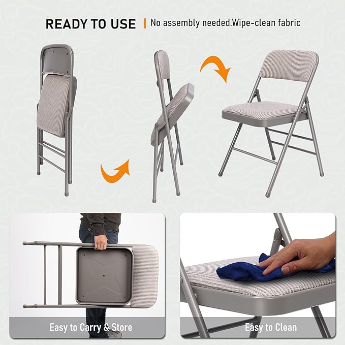 SEALAMB 10 Pack Fabric Folding Chairs with Padded Seats & Cushion, Metal Foldable Chairs for Wedding Party, Commercial Chairs for Office School Church Events, 350lb Capacity (Gary-Fabric, 10 Pack)