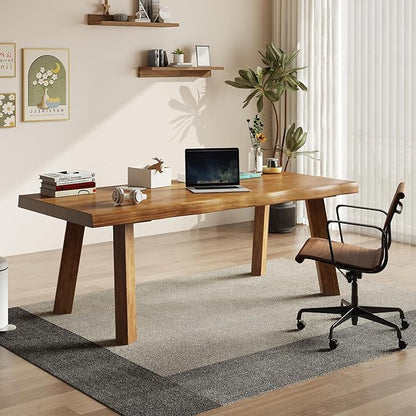 Solid Wood Desk 55 inches, Live Edge Wooden Home Office Computer Desk Modern Simple Design for Writing,Study,Dining,Gaming