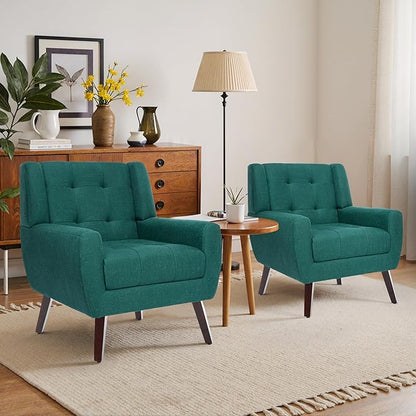 Accent Chair, Mid-Century Modern Upholstered Armchair, Comfy Fabric Living Room Chairs Reading Chairs with Button Tufted Back & Solid Wood Legs for Bedroom, Office, Light Blue