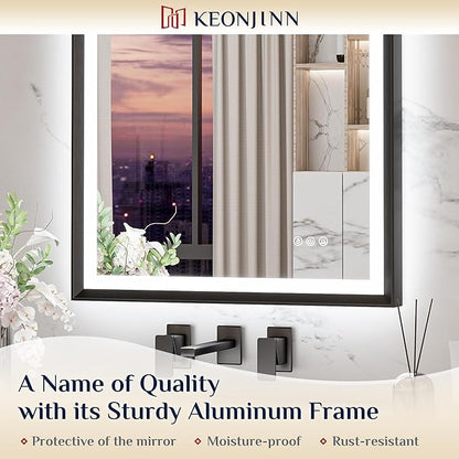 Keonjinn 48” x 30” LED Bathroom Mirror with Frontlit & Backlit, Large Metal Framed Lighted Mirror with Stepless Dimmable 3-Color Temperatures, Anti Fog, UL-Listed Driver, No Dark Corner