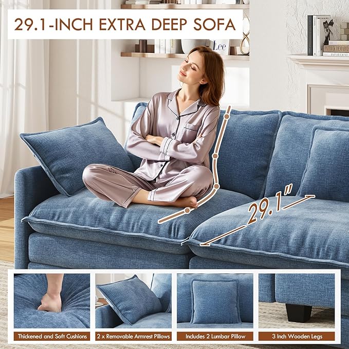 WorthFurni 77 Inch L Shape Cloud Sofa, Modular Sectional Couch with Ottoman, Comfy Chenille Deep Seat Loveseat with Pillow for Living Room Bedroom Apartment (Blue)