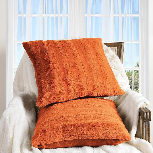 Cheer Collection Fall Decorative Throw Pillows for Couch – Set of 2 Faux Fur Fall Pillows for Couch, Cozy Fall Couch Pillows for Living Room or Bed, Soft, Rust Accent Pillows, 20" x 20"