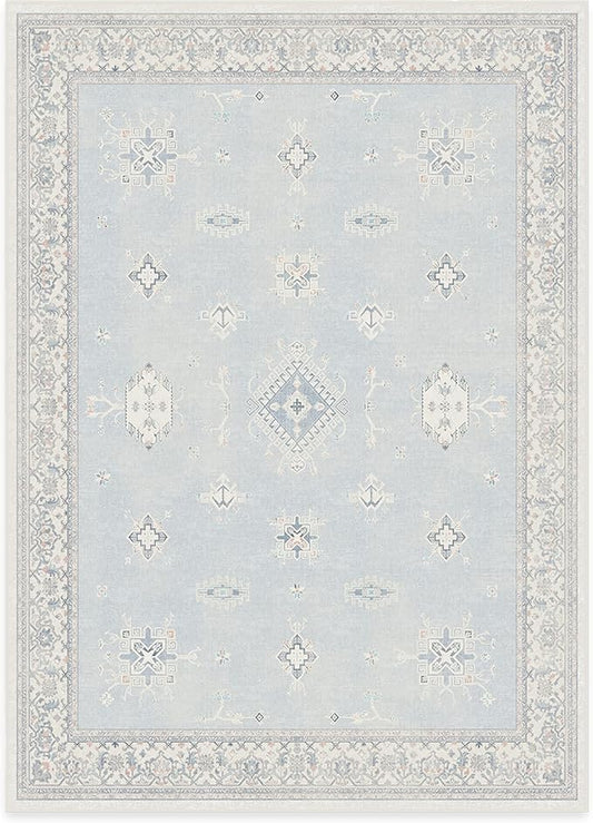 RUGGABLE Washable Vintage Area Rug – Verena Soft Blue 5x7, Stain-Resistant, Non-Slip – Medium Machine Washable Rugs for Living Room, Bedroom, Hallway, Entryway & Office–with Standard Pad