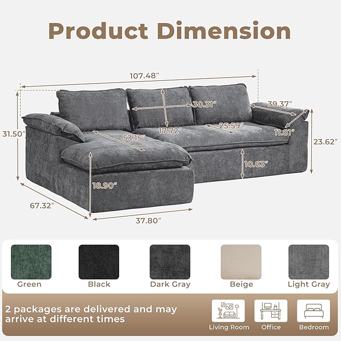 Modular Sectional Sofa, 107.5" L-Shaped Boneless Couch with Deep Seat, Modern Minimalist Upholstered Cloud Sectional Couch for Living Room Bedroom, No Assembly Required, Dark Gray Chenille