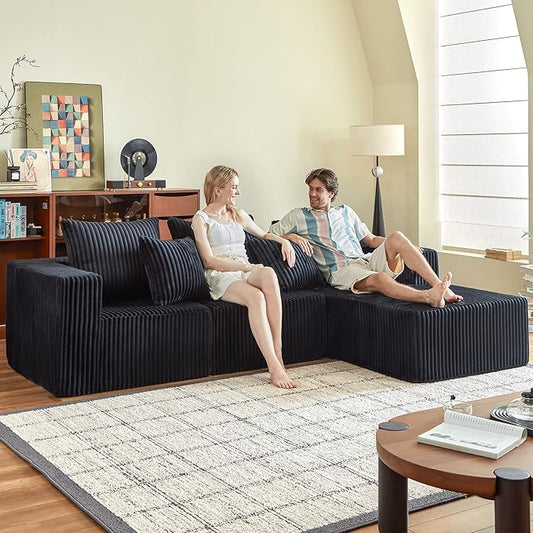 101" Boneless Couches for Living Room, Cloud Couch Sectional with Oversized Chaise, Modular Sectional Sofa Memory Foam Couch in a Box, Fluffy Corduroy Sofa for Living Room (Black)
