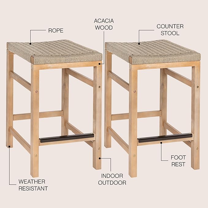 JONATHAN Y CSL1201A-SET2 Armand 25.6" Modern Coastal Backless Acacia Wood Outdoor Counter Stool with Woven Rope Seat, for Pool, Deck, Poolside, Light Teak/Ivory (Set of 2)