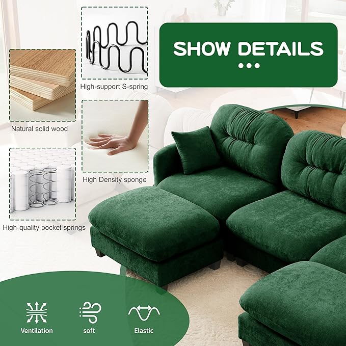 74" Loveseat for Living Room, Comfy Chenille Fabric Cloud Sectional Couch, Modern Upholstered Deep Seat Sofa with Armrest Pillow, Two Seater Couch for Small Spaces, Green