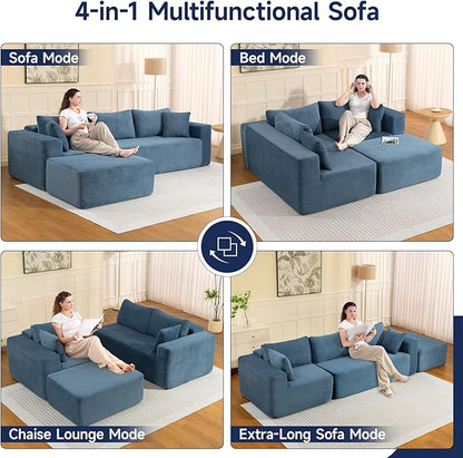 2025 New 108" Cloud Couch Sectional, Modular Sectional Sofa with L-Shaped Chaise, Deep Seat Sectional Modular Couch for Living Room, No Assembly Required (Blue, Chaise Ottoman)