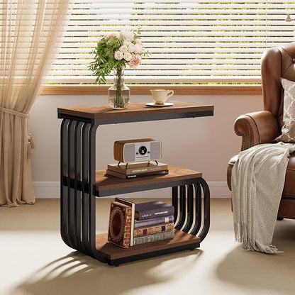 Tribesigns Small End Table, Narrow Side or Bedside Stand, 3 Tier Design Accent Table with Metal Frame, Industrial Vintage Nightstand for Living Room, or Small Spaces (1, Brown)