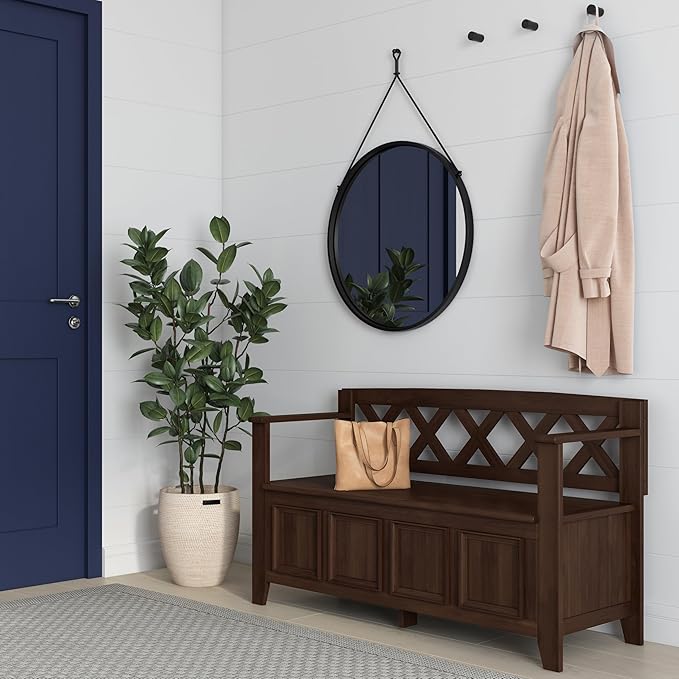 SIMPLIHOME Amherst Entryway Storage Bench - 48 inch Wide Solid Wood Hallway Seat in Natural Aged Brown, Transitional Bench for Entryway or Living Room with Lift-Up Lid and Spacious Storage