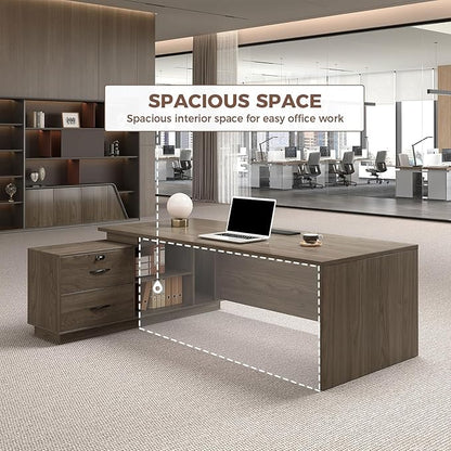 L Shape Executive Office Desk with Reversible Cabinets, Lockable Drawers, Cable Box & Privacy Panel – Modern Wood Grain Desk for Home Office or Business Use(Black Walnut,63" L*32" W*30" H)