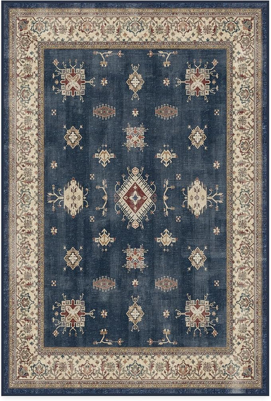 RUGGABLE Washable Vintage Area Rug – Verena Sapphire 4x6, Stain-Resistant, Non-Slip – Medium Machine Washable Rugs for Living Room, Bedroom, Hallway, Entryway & Office–with Cushioned Pad