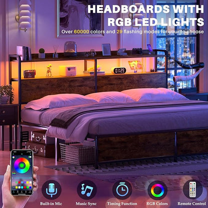 Aheaplus Headboard for King Size Bed Frame, Headboards with Outlets, USB Ports and LED Light, Head Board with Storage, Height Adjustable, Sturdy and Stable Headboard, King Size, Rustic Brown