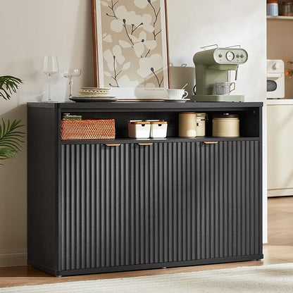 LEYAOYAO Fluted Buffet Cabinet with Storage, 45" Wide Wood Sideboard Credenza with 3 Doors & Open Storage Shelf, Modern Kitchen Console Accent Cabinets, Coffee Bar Table for Dining Room, Black Oak