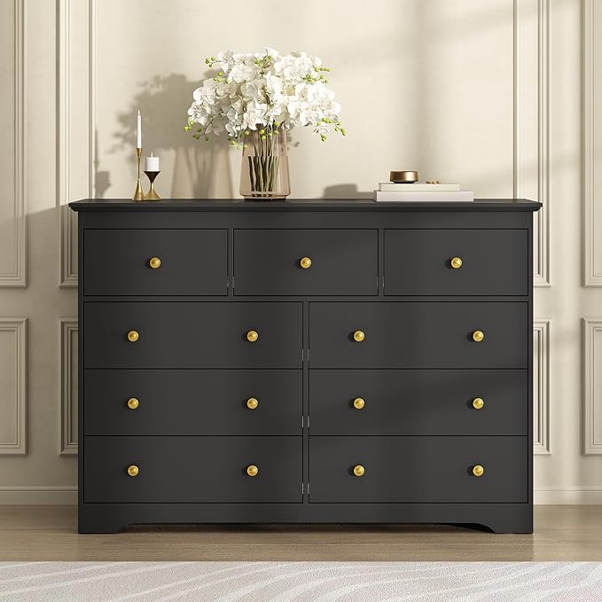 Black Dresser for Bedroom, 9 Drawer Dresser with Large Drawers, 55 Inch Wide Wood Chest for Living Room, Hallway